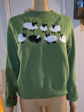 Green Crewneck Sweater with Sheep Motif